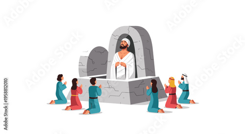 Six people kneel in prayer around a stone structure with a robed man looking up on a white background.