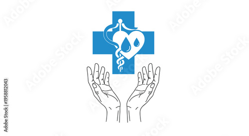 Two outlined hands are positioned below a blue medical cross with a heart and caduceus on a white background.