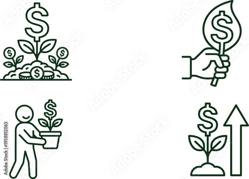 Financial growth and investment icons Money plant, hand holding money, person with money plant and growing currency arrows