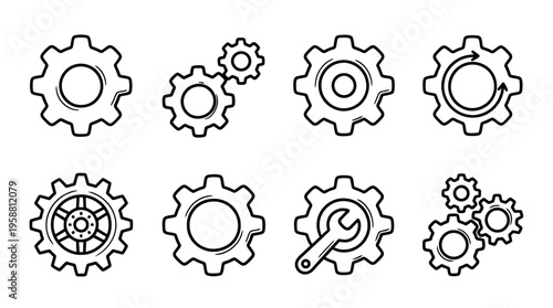 gear line vector set. black color sketches style on white background. Vector illustration.