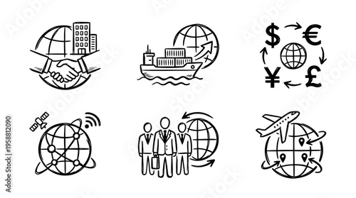 global business line vector set. black color sketches style on white background. Vector illustration.