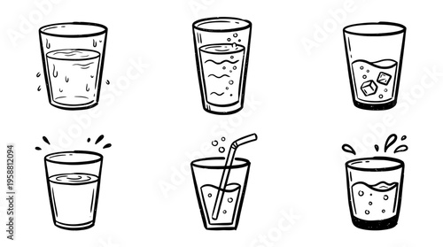 glass of water line vector set. black color sketches style on white background. Vector illustration.