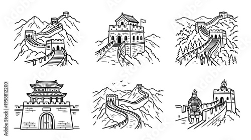 great wall of china line vector set. black color sketches style on white background. Vector illustration.
