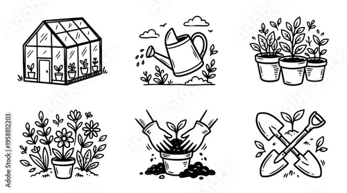 greenhouse line vector set. black color sketches style on white background. Vector illustration.