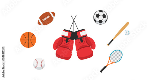 Various sports equipment, including boxing gloves, balls, and a racket, are arranged against a plain white background.