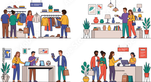 Diverse shoppers browse clothing, electronics, and home goods in brightly lit retail stores, showcasing modern consumerism and lifestyle