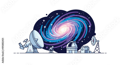 A vibrant spiral galaxy with multiple astronomical instruments and an observatory building is depicted against a starry dark blue space background.