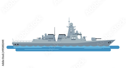 A grey warship with multiple turrets and radar systems floats on a calm blue sea against a plain white background.