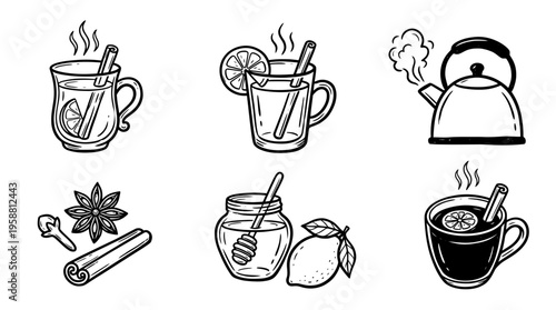hot toddy line vector set. black color sketches style on white background. Vector illustration.