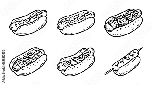 hot dog line vector set. black color sketches style on white background. Vector illustration.