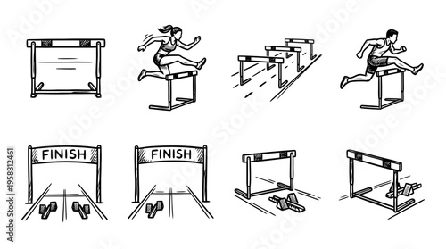 hurdles line vector set. black color sketches style on white background. Vector illustration.