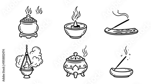incense burner line vector set. black color sketches style on white background. Vector illustration.