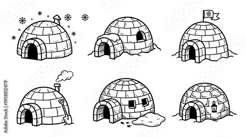 igloo line vector set. black color sketches style on white background. Vector illustration.
