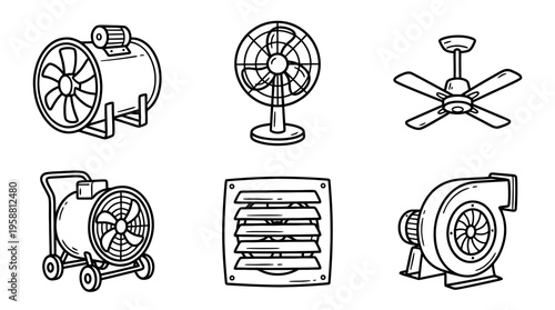 industrial fan line vector set. black color sketches style on white background. Vector illustration.