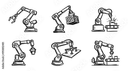 industrial robot arm line vector set. black color sketches style on white background. Vector illustration.