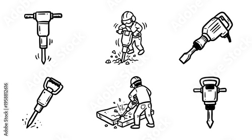 jackhammer line vector set. black color sketches style on white background. Vector illustration.