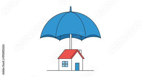 A small white house with a red roof is protected by a large blue umbrella on a white background.