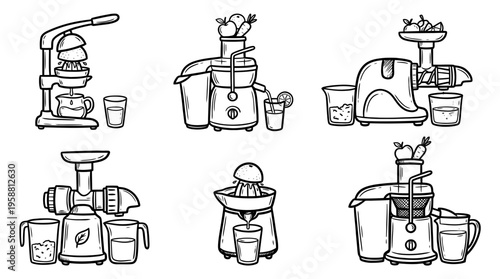 juicer machine line vector set. black color sketches style on white background. Vector illustration.