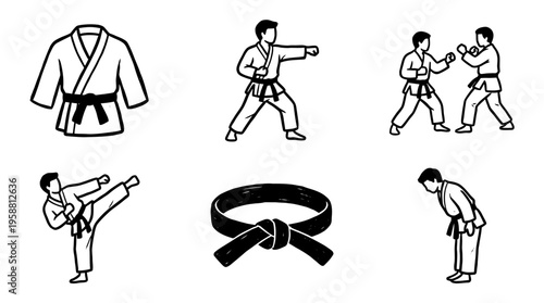 karate uniform line vector set. black color sketches style on white background. Vector illustration.
