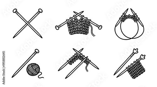 knitting needles line vector set. black color sketches style on white background. Vector illustration.