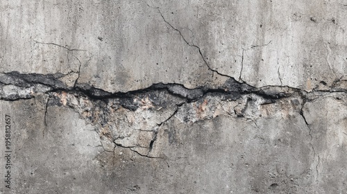 Horizontal structural damage is clearly visible across the weathered gray cement surface