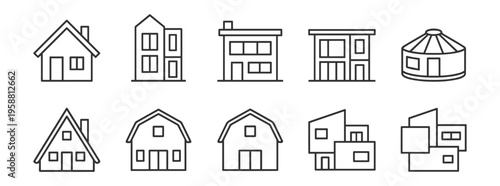 set of black outline house icons in different architectural styles on transparent background