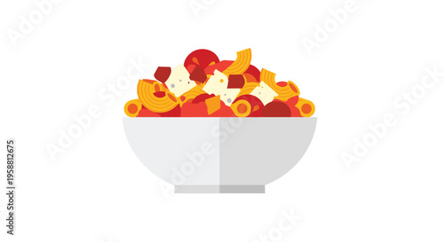 A white bowl brimming with a vibrant pasta salad is illustrated against a clean white backdrop.