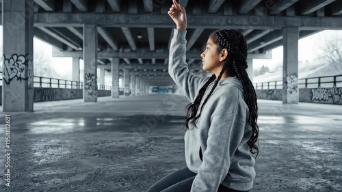 Young Woman Kneeling Under Bridge, Looking Up.