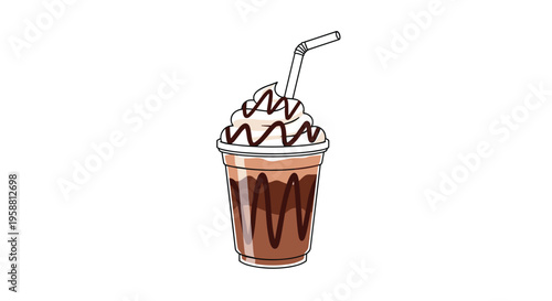 A single chocolate milkshake with whipped cream and a straw is depicted in an illustration on a white background.