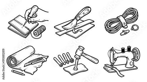 leather crafting line vector set. black color sketches style on white background. Vector illustration.
