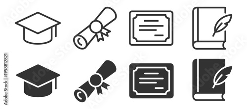education icons set including graduation cap, diploma scroll, certificate, and book with feather pen on transparent background