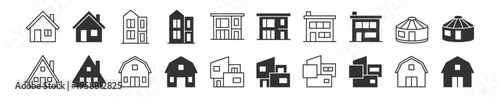 collection of house icons in black and outline style set of residential building illustrations for architecture and real estate on transparent background