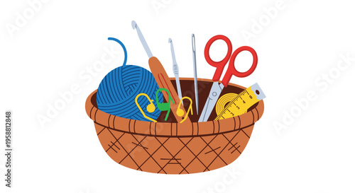 A digital illustration shows a woven brown basket filled with a blue yarn ball, crochet hooks, needles, red scissors, and a yellow measuring tape.