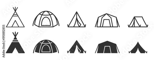 set of camping tent icons line and solid style collection on transparent background