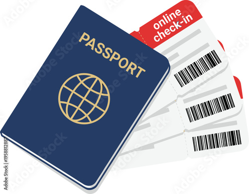 Passport and boarding passes with online check-in for international travel and vacation planning