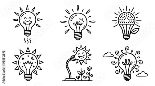 light bulb sun line vector set. black color sketches style on white background. Vector illustration.