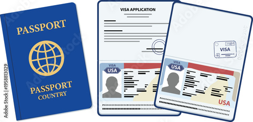 Essential travel documents for international journeys, including a passport, visa application, and entry permit, illustrating global mobility and immigration processes