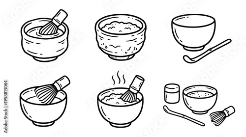matcha bowl line vector set. black color sketches style on white background. Vector illustration.