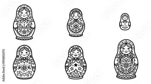 matryoshka doll line vector set. black color sketches style on white background. Vector illustration.