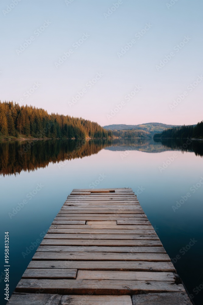 Fototapeta premium Wooden dock pier lake calm sunrise forest reflection tranquil morning mist horizon wooden planks leading into still water peaceful landscape