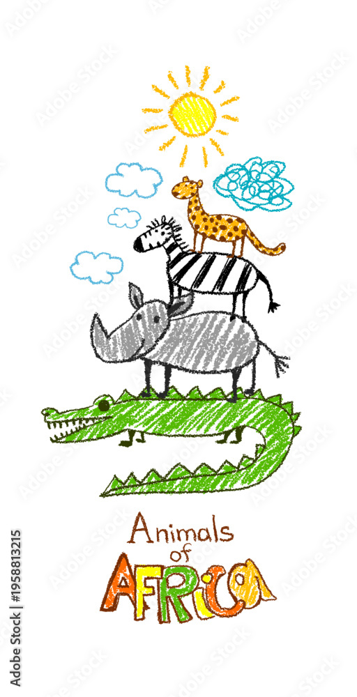Naklejka premium Cartoon Set of African animals for children's drawings. Original bookmark Hand drawn. Not AI, vector illustration.