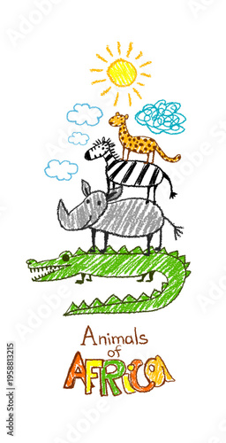 Cartoon Set of African animals for children's drawings. Original bookmark Hand drawn. Not AI, vector illustration.