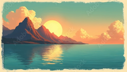 Island mountains at sunset with colorful clouds. Ocean water reflects warm orange sky. Serene landscape art evokes calm and peaceful vibes. Tropical paradise scene.