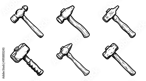 metalworking hammer line vector set. black color sketches style on white background. Vector illustration.