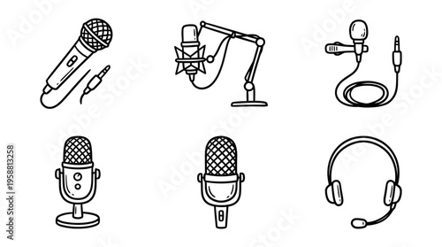 microphone line vector set. black color sketches style on white background. Vector illustration.