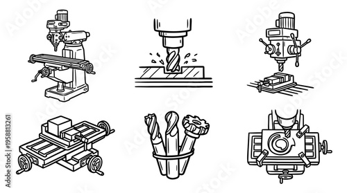 milling machine line vector set. black color sketches style on white background. Vector illustration.
