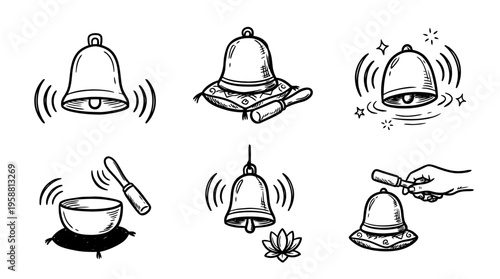 mindfulness bell line vector set. black color sketches style on white background. Vector illustration.