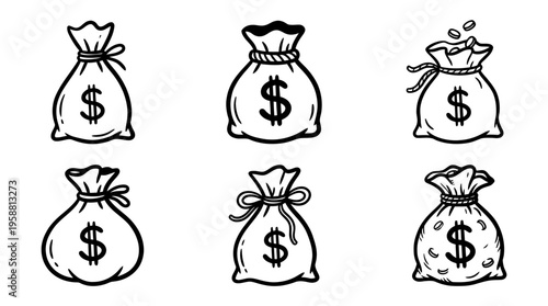 money bag line vector set. black color sketches style on white background. Vector illustration.
