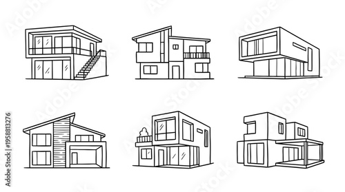 modern house line vector set. black color sketches style on white background. Vector illustration.