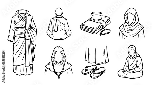 monk robe line vector set. black color sketches style on white background. Vector illustration.